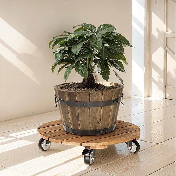 2-Pack 14 Inch Acacia Wood Rolling Round Plant Caddy, Plant Caster for Heavy Duty Plant Stand with 360° Lockable Wheels, 264 lbs Capacity Caddy for Indoor and Outdoor Use, Natural Wood