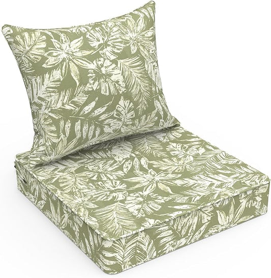 LVTXIII Outdoor Deep Seat Cushion Patio Seat and Back Cushion Set Seasonal Chair Cushion with Removable Cover and Adjustable Buckle for Home and Garden, 22"x22"x4",Tropical Leaf Green