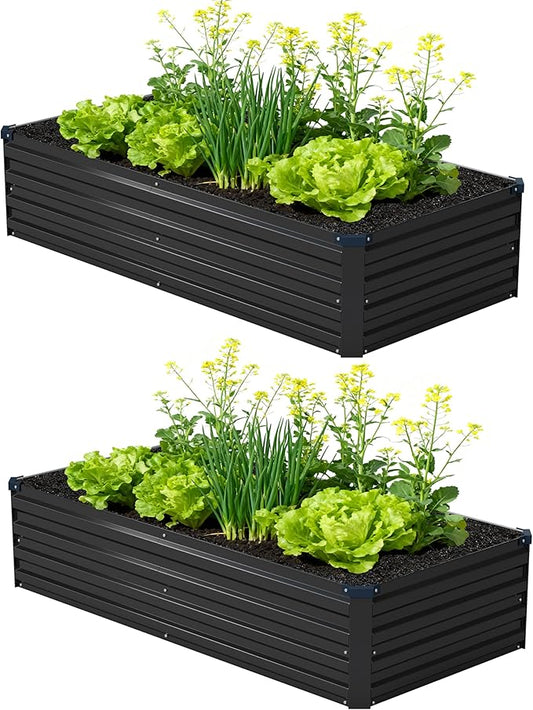 Foxlang 6x1.5x1ft(2 Pack) Galvanized Raised Garden Bed,Outdoor Planter Box Metal Patio Kit Planting Bed for Vegetables Flowers Herb,Black