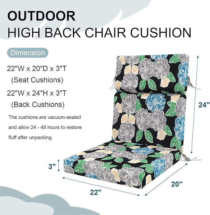 DYTXIII Outdoor High Back Chair Cushions Set of 2, 44"x22" Water Repellent Patio Seat Cushions with Elastic Sponge, All Weather Chair Pads for Rocking, Dining Chairs, Patio Furniture - Peony Garden