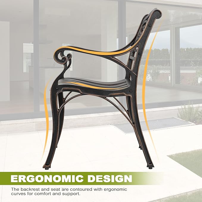 NUU GARDEN Patio Dining Chairs Set of 2, Cast Aluminum Outdoor Chairs with Armrests, Bistro Patio Chairs for Garden Lawn Porch Backyard Poolside, Black with Gold Painted Edges