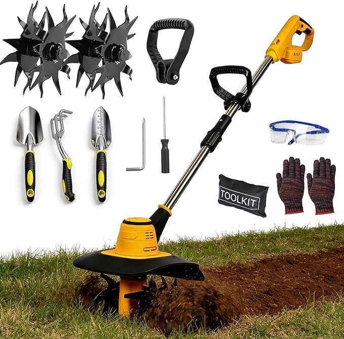 Cordless Tiller Cultivator Compatible with Dewalt 20V MAX Battery, Electric Garden Tiller w/360 RPM, 9In Tilling Width & 7In Depth, Rototiller for Lawn/Soil Cultivation (Battery Not Included)