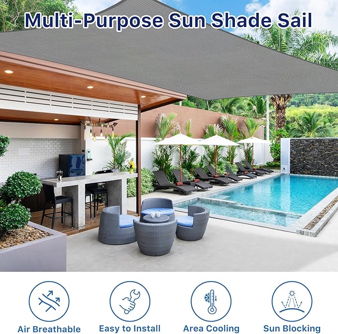 RoomHacks 12'x16' Sun Shade Sail, UV Protection Outdoor Shade, Curved Tear Resistant Heavy Duty Sun Shade for Patio Garden, Backyard, Deck, Car Port, Playground, (Grey)