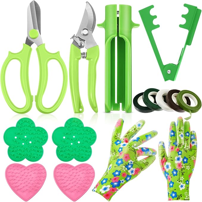 14 Pcs Valentine Rose Stripper Thorn Remover Tool Garden Pruning Shears Scissors Kit Leaf Stripping Tool Floral Gloves and Floral Tape Flower Stripper Kit Gift for Wedding Outdoor Gardening(Green)