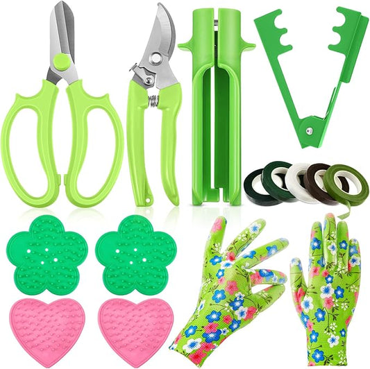 14 Pcs Valentine Rose Stripper Thorn Remover Tool Garden Pruning Shears Scissors Kit Leaf Stripping Tool Floral Gloves and Floral Tape Flower Stripper Kit Gift for Wedding Outdoor Gardening(Green)