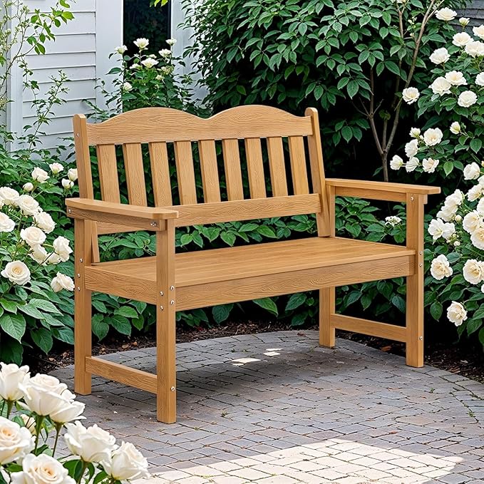 Garvee Garden Bench, 2-Person Poly Lumber Patio Bench,Slatted Patio Loveseat, for Use in Yard, Garden, Porch, or Park