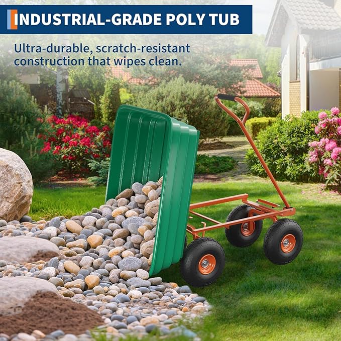 Garden Dump Cart, 1200 Lb Capacity Heavy Duty Utility Cart, Wheelbarrow with 180° Pivot Handle for Yard, Lawn & Gardening(Green+Orange)
