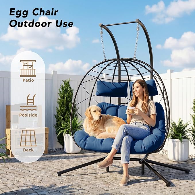 Easyego 2-Person Wicker Hanging Egg Chair with Stand- 700 lb Capacity, Indoor/Outdoor Double Egg Swing Hammock Chair for Patio, Garden, Porch, Living Room, Bedroom-Dark Blue