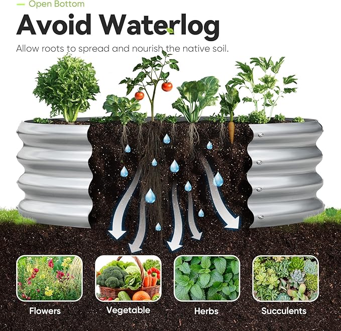 KING BIRD Raised Garden Bed Galvanized Round Planter Box Outdoor for Gardening, Plants, Vegetables, Flowers, Silver, 47.3x47.3x11.8 in