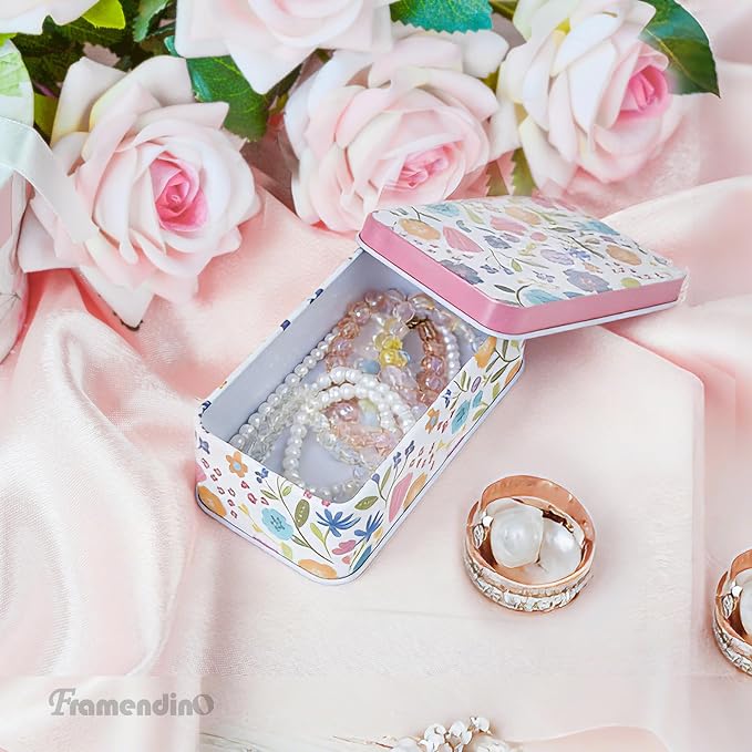Framendino, 5 Pack Mini Tin Tinplate Coin Boxes Floral Pattern Small Trinket Jewelry Storage Case Containers Box with Lid for Bead (Random Color)