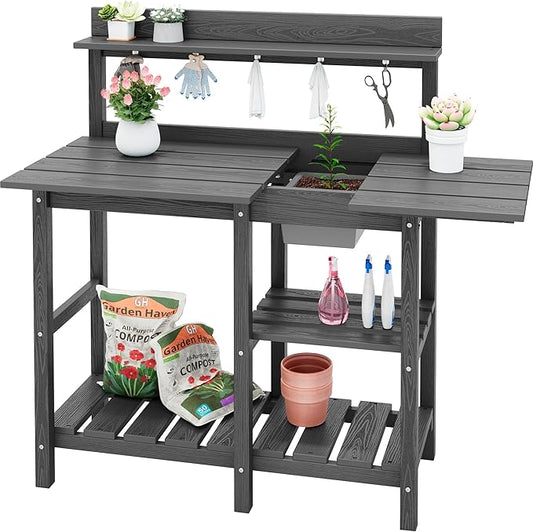 SERWALL Outdoor Potting Bench with Removeable Sink,Rot-Resistant HDPE Potting Table for Outside Gardening, All Weather Use - Gray