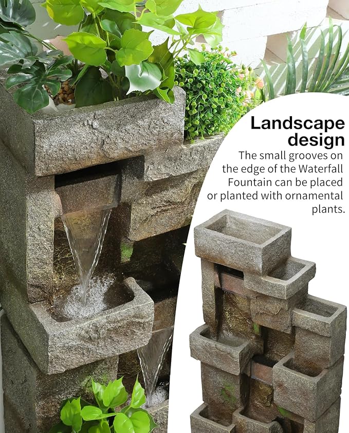 48.6" Water Fountain Outdoor Floor-Standing Garden Fountains with LED Lights 3 Tier Modern Waterfall Fountain Decor Rock Fountain for Patio Garden Yard Backyard Porch Home Art Decor, Yellow