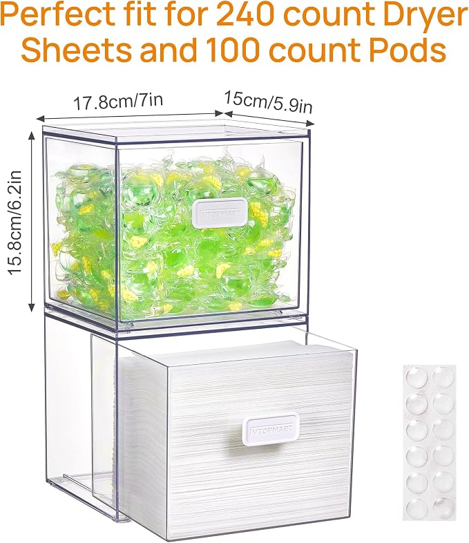 Vtopmart 2 Pack Dryer Sheet Holder and Laundry Pods Container,Clear Stackable Storage Drawers for Washing Powder, Scent Booster Beads, Color Catchers & Wool Balls, Ideal for Laundry Room Organization