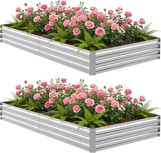 2PCS 8x4x1FT Galvanized Raised Garden Bed Outdoor Patio, Large Rectangular Metal Planter Boxes,Plant Container Kit for Gardening, Vegetables, Flowers, Herbs,Silver
