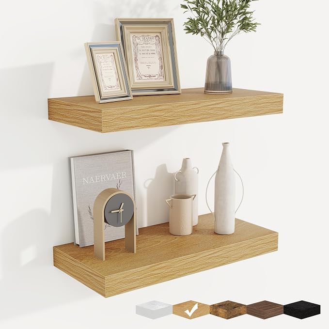 Floating Shelves for Wall, Wall Mounted Wood Shelves, Oak, Set of 2, 16in | Wood Floating Shelf with Invisible Brackets for Living Room, Bathroom, Bedroom, Kitchen, Hanging Shelf for Storage and Decor