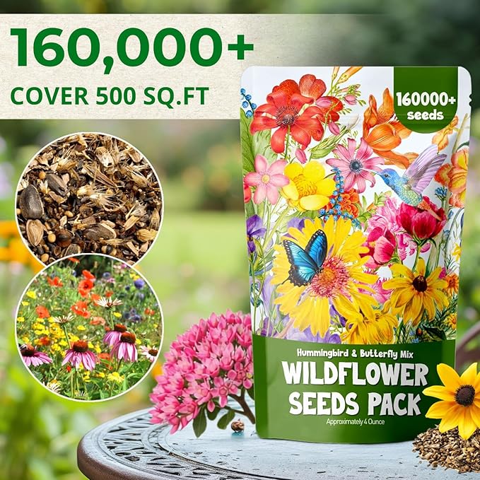 160000+ Wildflower Seeds Planting - 4oz Varieties Including Sunflower, Lavender, Zinnia & More, Attracts Bees & Butterflies, High Germination Rate, Easy to Grow for Garden, Balcony