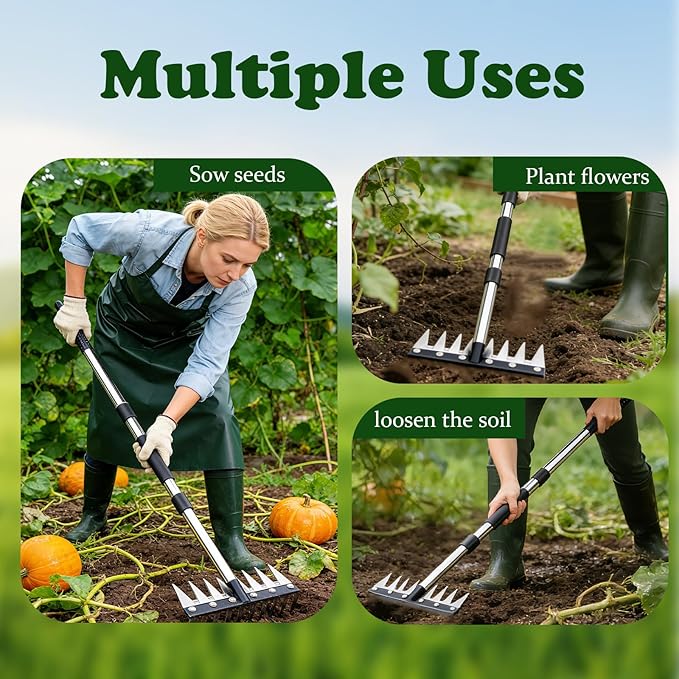 Stainless Steel Weeding Tool, Thickened Version 8 Tines Weeder Rake, Weed Puller Tool with Long Handle, for Removing Weeds, Loosening Soil, Cleaning Flower Beds, Pine Needles & Lawn Prep
