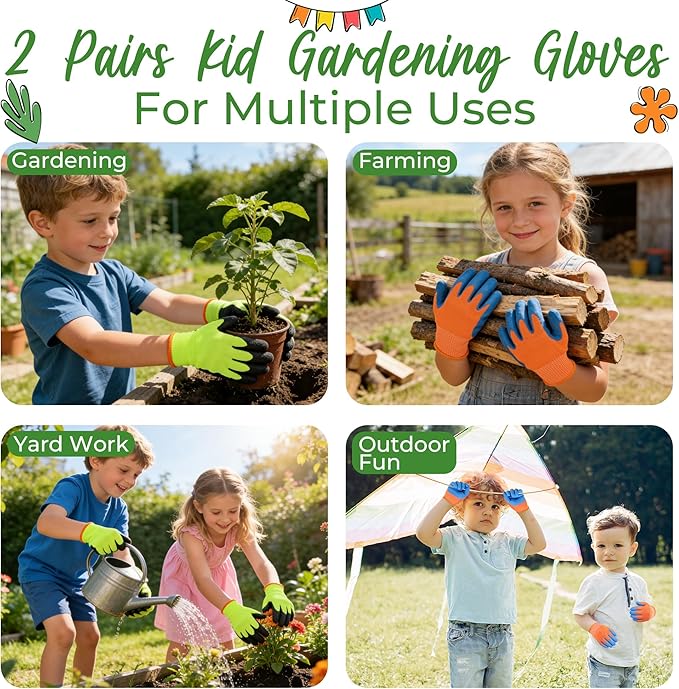 HANDLANDY 3 Pairs Kids Gardening Gloves, Micro-Foam Coated Children Toddler Garden Yard Work Gloves for Little Girls Boys (Size S, Blue Orange)