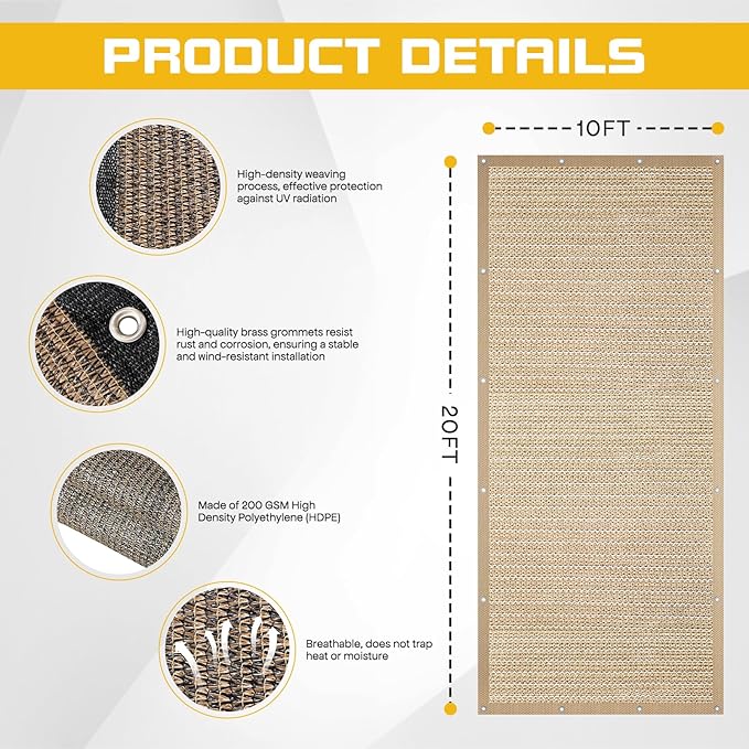 10'x 20' Pergola Shade Cover, Sand Outdoor Sun Shade Cloth with Grommets UV Block Privacy Screen for Patio, Garden, Backyard
