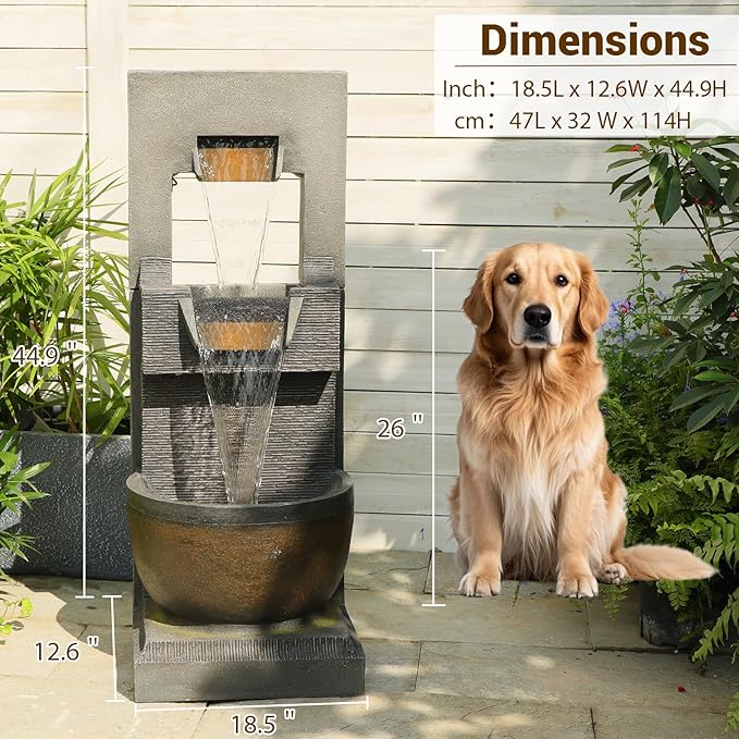 Sunlinua 39H Modern Outdoor Water Fountain with LED Light Garden Cascading Waterfall Feature for Indoor or Outdoor Cascading Waterfall for Relaxing Garden Patio Backyard Deck Porch or Home Décor