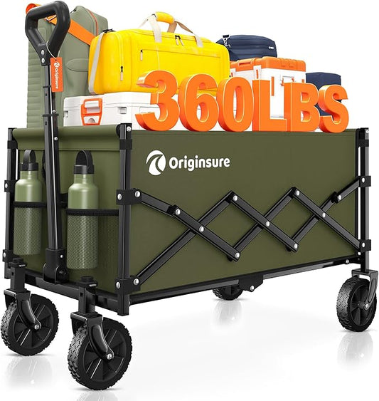 Originsure Collapsible Wagon Cart Foldable - Lightweight Portable Heavy Duty Folding Beach Wagons with Wheels - Outdoor Utility Carts for Grocery, Camping, Shopping, Sports with Large Capacity - Green