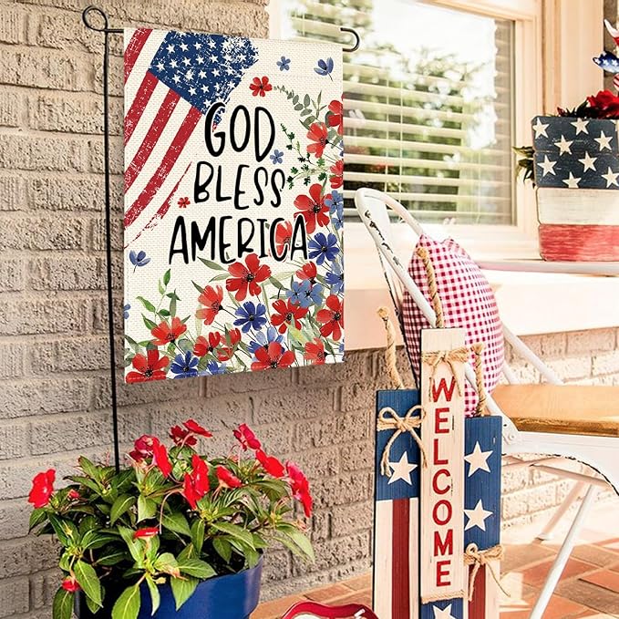 AVOIN colorlife 4th of July Patriotic Memorial Day Garden Flag 12x18 Inch Double Sided Outside, American Stars and Stripes God Bless America Floral Yard Outdoor Decoration