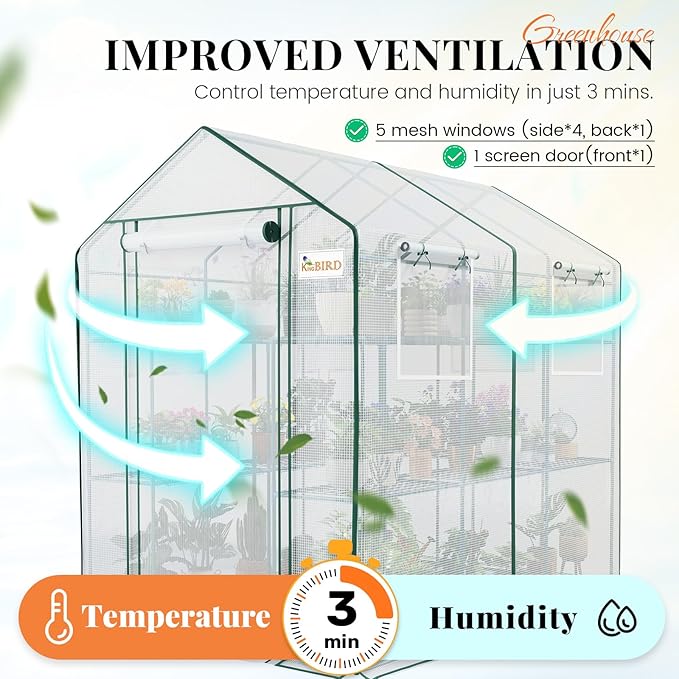 KING BIRD Premium Greenhouse for Outdoors, 84x56x77 Upgraded PVC Cover & Heavy Duty Steel Frame Walk-in Portable Green House for Outside Garden, Screen Windows & Mesh Door, 3 Tiers 14 Shelves, White