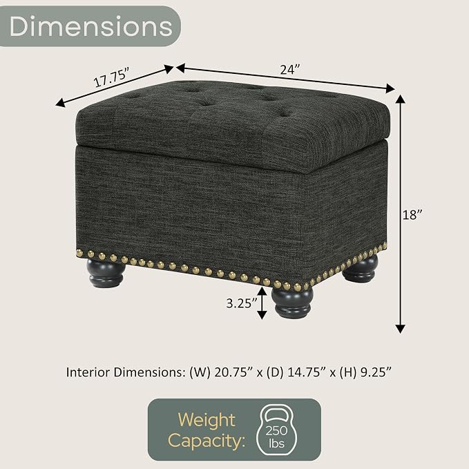 Convenience Concepts Designs4Comfort 5th Avenue Upholstered Storage Ottoman 24" - Contemporary Foot Stool and Seat with Hinged Lid for Living Room, Dining Room, Office, Den, Dark Charcoal Gray Fabric