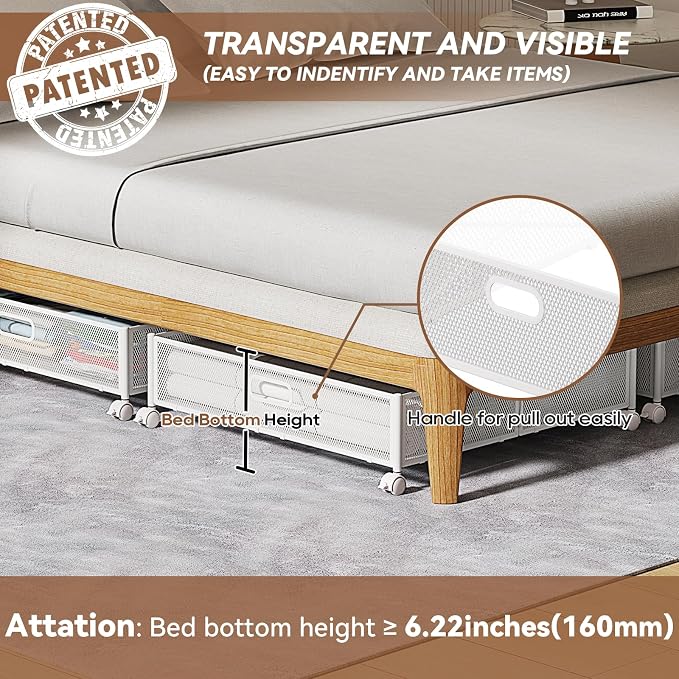 PHINOX Under Bed Storage with Wheels & Handle,Metal,Large,4 Pack,White
