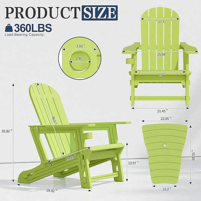Vongrasig Adirondack Chairs Set of 2 with Removable Tabletop, Outdoor HDPE Plastic Fire Pit Chair Set with Wooden Textured, Cup Holder for Patio, Poolside, Deck, Garden, Green, 3 Pieces