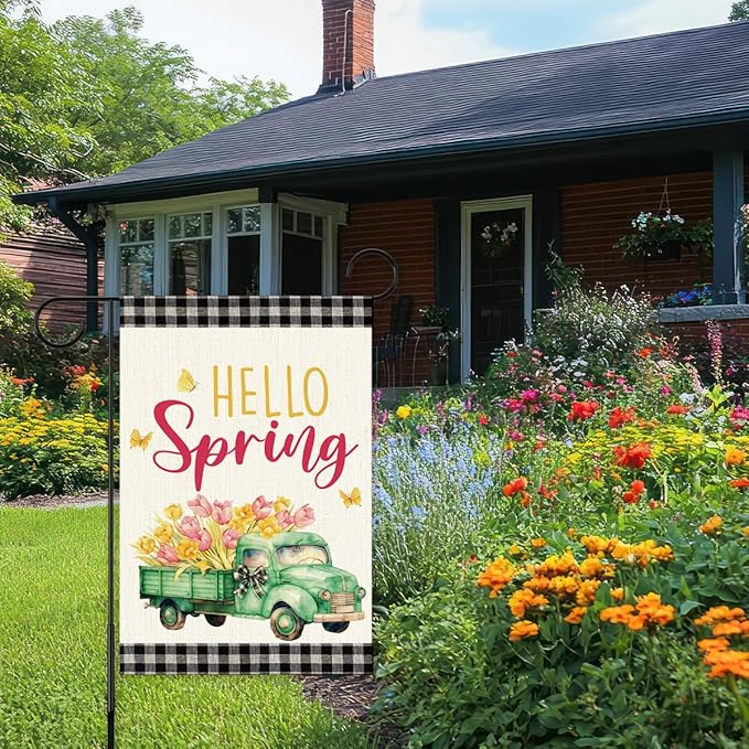 Hello Spring Flags for Outside,Buffalo Plaid Floral Truck Garden Flag for Yard Patio Lawn Decoration,12x18 Inch Double Sided