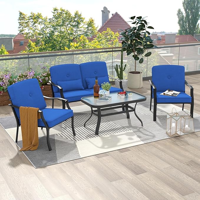 Tangkula 2 Piece Patio Metal Chairs, Outdoor Dining Chairs with Seat & Back Cushions, Heavy-Duty Metal Frame, Ergonomic Patio Sofa Chair for Yard Garden Balcony Poolside (1, Blue)