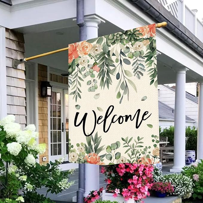 Summer Spring Eucalyptus Flowers Garden Flag 28 x 40 Inch Double Sided, Floral Farmhouse Burlap Large Yard House Flag Seasonal Holiday Outdoor Outside Decoration
