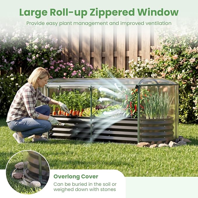 Giantex Raised Garden Bed w/Greenhouse Cover, Outdoor Oval Metal Steel Planter Box w/Roll-up Window, Clear PVC Mini Greenhouse for Vegetables Flowers Herbs Outdoor Patio Gardening, 6x2x1 FT (Black)