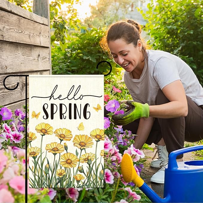 Hello Spring Flags for Outside,Yellow Daisy Garden Flag for Yard Patio Lawn Decoration,12x18 Inch Double Sided