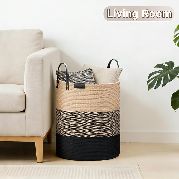 VIPOSCO 72L Tall Woven Rope Laundry Hamper, Leather Handles, Brown & Black | Large Wicker Laundry Basket for Dirty Clothes, Blanket, Toy, Towel, Yoga Mat, Storage Bin in Bedroom, Bathroom, Living Room