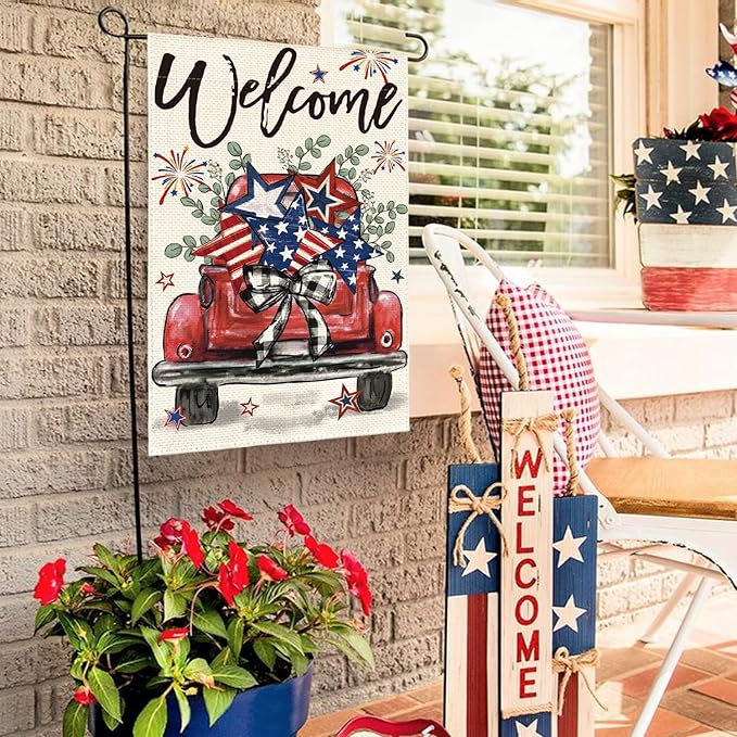 AVOIN colorlife Welcome Patriotic 4th of July Truck Garden Flag 12x18 Inch Double Sided, Rustic Farmhouse Yard Outdoor Decoration