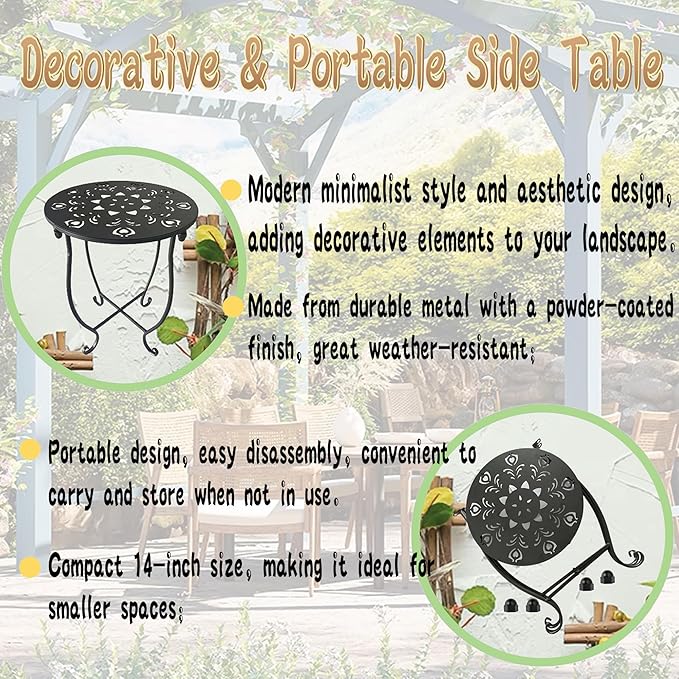 Outdoor Side Table, 14-inch Small Round Metal Patio Table with Flower Cut-Out Design, Modern Rust-Proof Portable End Table Patio Side Table for Outside Garden Balcony Yard & Indoor Use 1 Pack