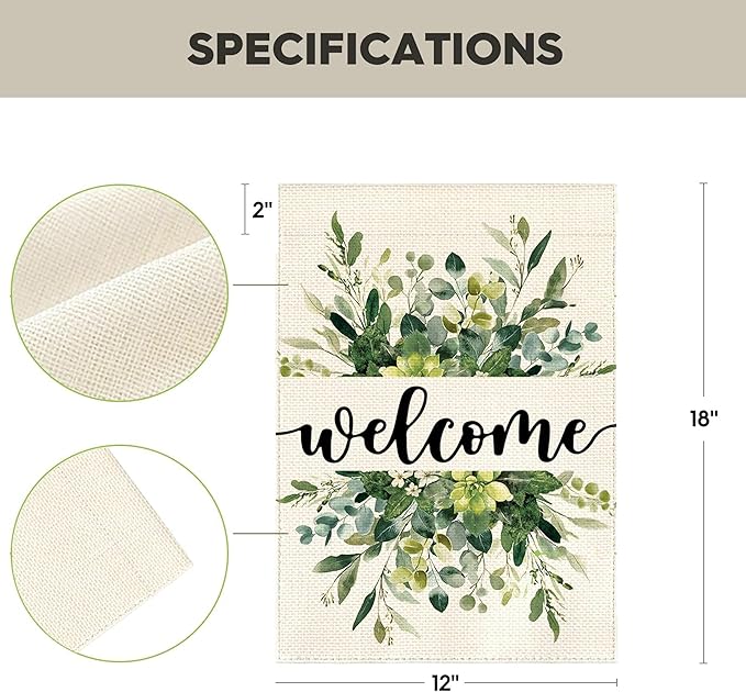 Garden Flag 12x18 Inch Double Sided for Outdoor Use Spring Summer floral welcome sign with eucalyptus design, ideal spring decorations for home, seasonal farmhouse yard flag for outside patio and garden