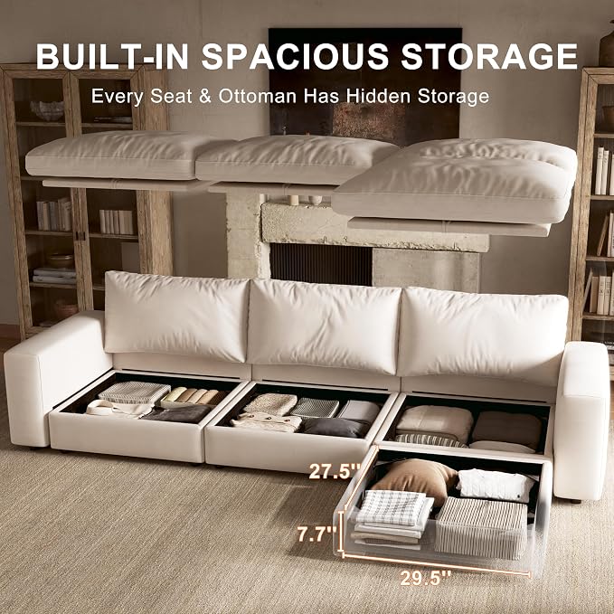 110'' Cloud Sectional Couch with Washable Cover, Oversized L-Shaped Sectional Couch with Throw Pillow and Storage Ottoman, Deep Seat Modular Sectional Sofa for Living Room, 3Seater, Off-White