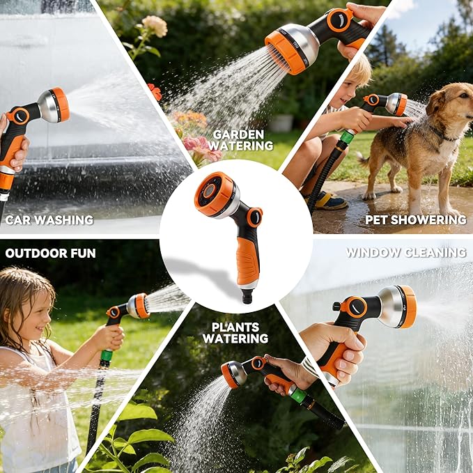 HERZO Garden Hose Nozzle, Water Spray Nozzle with 7 Adjustable Watering Patterns for Watering Plants & Lawn& Garden, Washing Cars, Cleaning, Showering Pets & Outdoor Fun