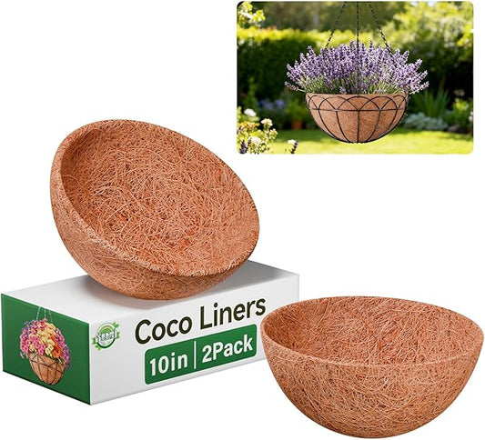 Halatool 2 Pack 10 Inch Coconut Liners for Planters Round Coco Coir Hanging Basket Liner for Flowers Vegetables Balcony Garden Patio Porch Home Decor