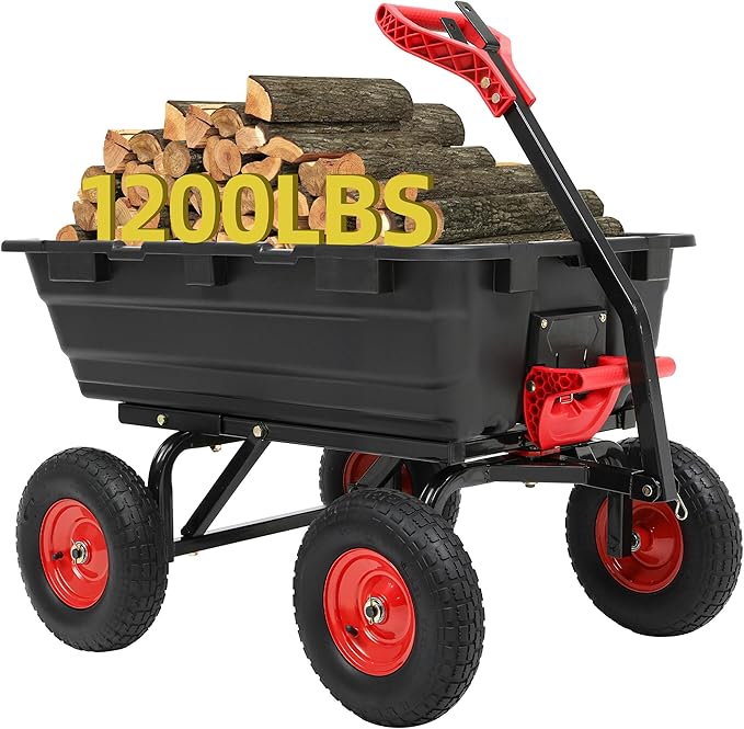 Autodaya 1200lbs Garden Dump Cart,7 Cu.Ft Utility Wagon Cart with Hitch,Heavy Duty Yard Dump Wagon Wheelbarrows with 13" All Terrain Wheels & 2-in-1 Handle,Tow Behind for Lawn Mower Tractor ATV
