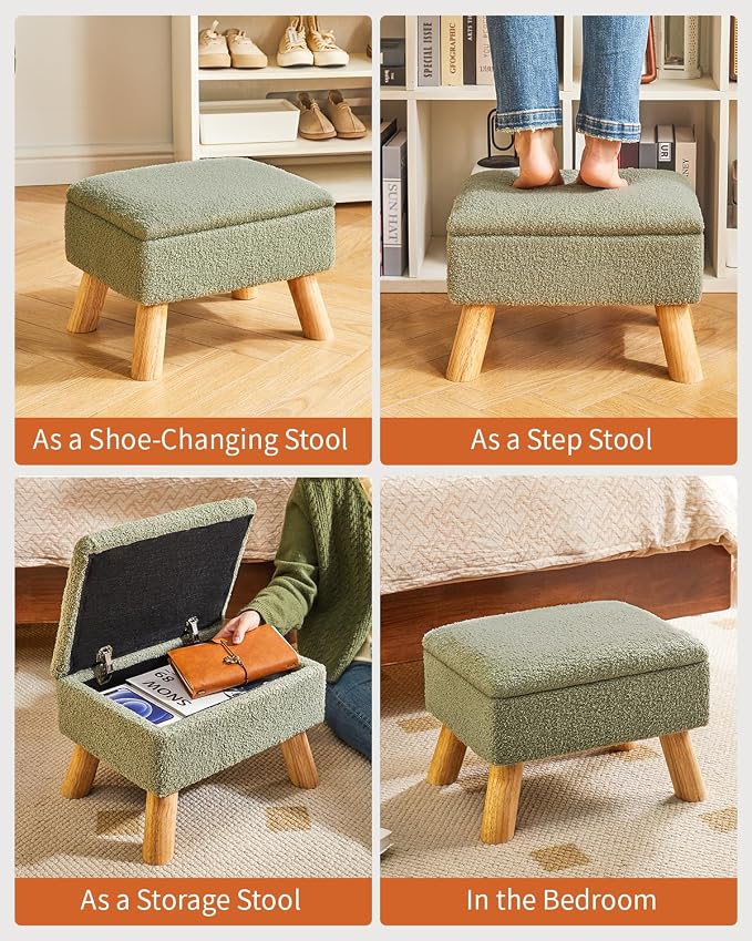 YMYNY Storage Ottoman,Small Foot Stool, 15.75"×11.81"×11.02" Green,HBD042GR | Teddy Velvet,Sturdy Wood Legs,Footstool with Padded Seat, For Living Room Bedroom Couch Entryway