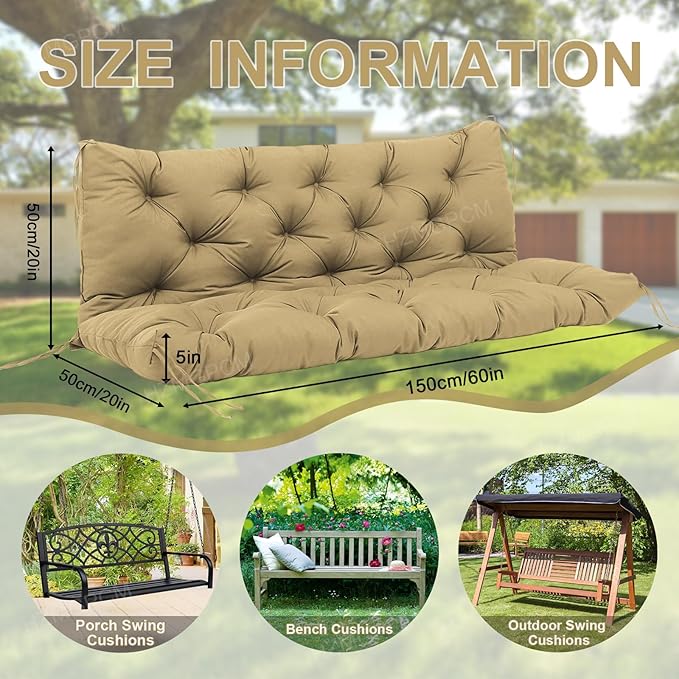 Premium 5"Thick Waterproof Outdoor Swing Cushions Sturdy Durable 2-3 Seat Replacement Porch Swing Cushions with Backrest&Ties Bench Cushion for Outdoor Furniture Backyard Patio(Khaki 60x40in)