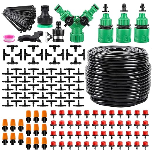 Garden Drip Irrigation System,Drip Irrigation Kit with 165FT/50M Drip Irrigation Hose DIY Saving Water Garden Watering System for Garden Greenhouse, Flower Bed, Patio,Lawn