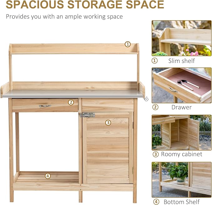 Outsunny Outdoor Potting Bench Table, Garden Work Station with Storage Cabinet, Open Shelf and Steel Tabletop, Natural