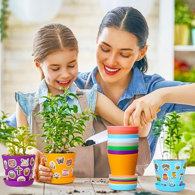 Domensi 30 Pack Garden Pot Craft Kit 4 Inch DIY Happy Easter Crafts for Kids Bulk Small Plastic Spring Flower Plant Pot Plastic Planter with Tray Drainage Holes with Tag, Certificate of Award, Sticker