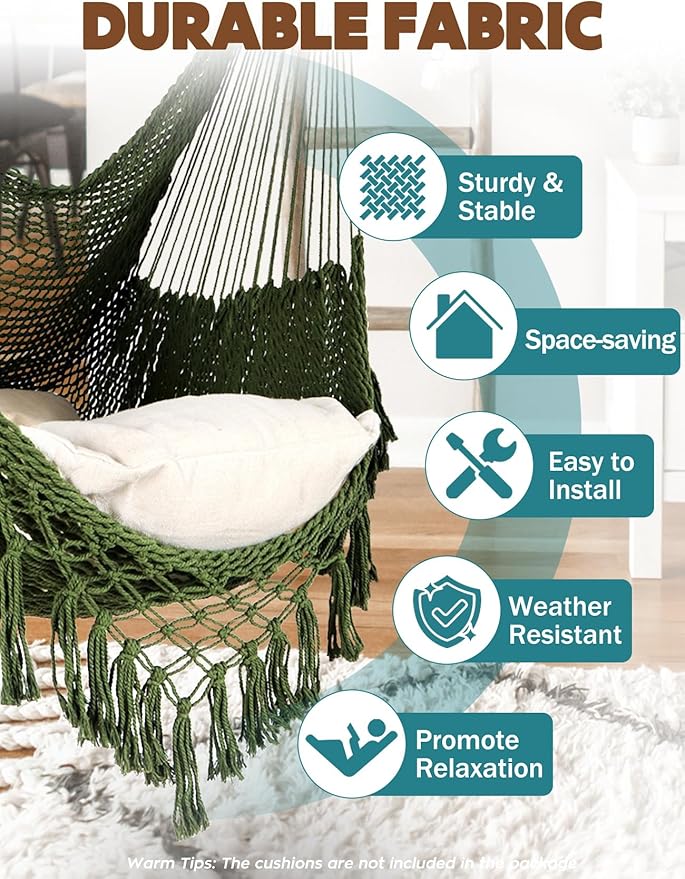 Chihee Hammock Chair Handmade Hanging Chair Cotton Rope Woven Hanging Seat Soft-Spun Large Stretch Hammock Swing, Collapsible Strong Metal Spreader Bar Elegant Macrame Comfort Indoor Outdoor Garden