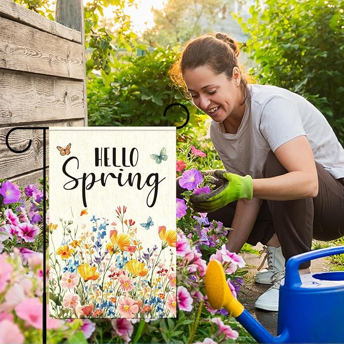 Hello Spring Flags for Outside,Floral Butterfly Garden Flag for Yard Patio Lawn Decoration,12x18 Inch Double Sided